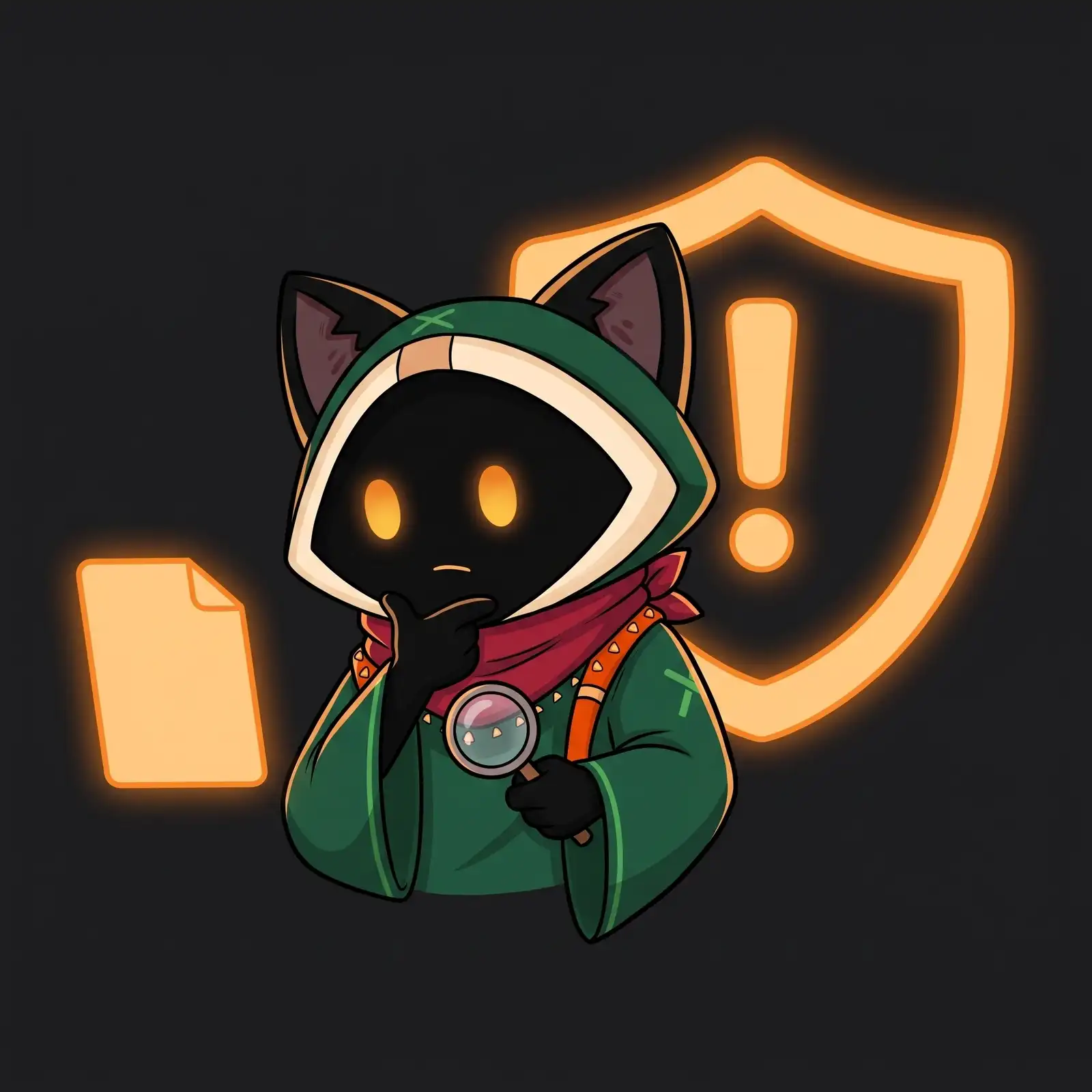 Loop looks at a shield with a magnifying glass, checking a file.